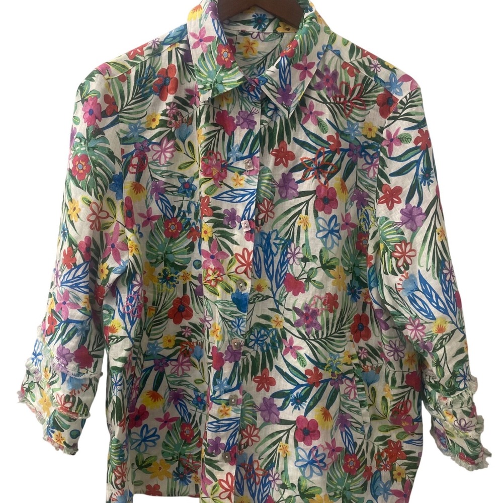 John Mark Linen Floral Embroidered Button Up Shirt Women 1X Pockets Boho Resort